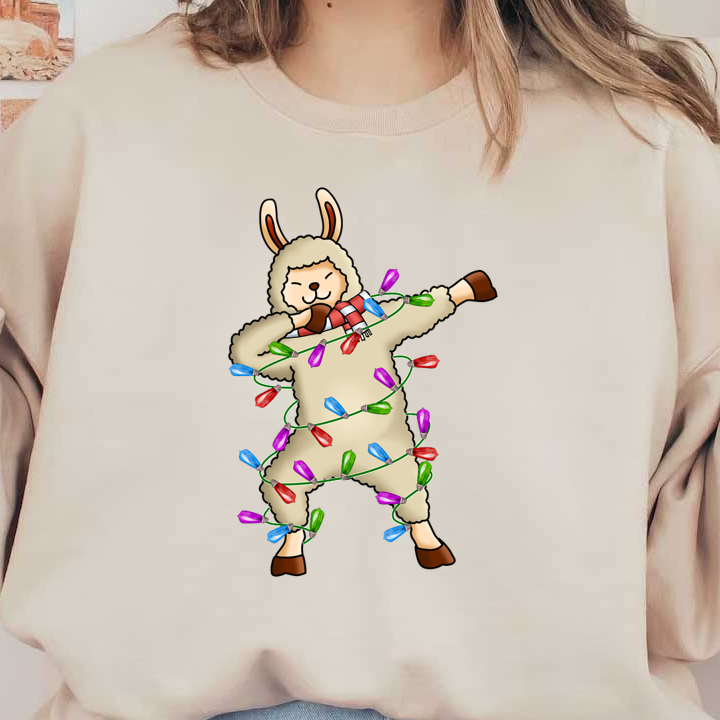 A cheerful cartoon llama, wrapped in colorful Christmas lights, playfully dancing while wearing a festive scarf. heat press transfers