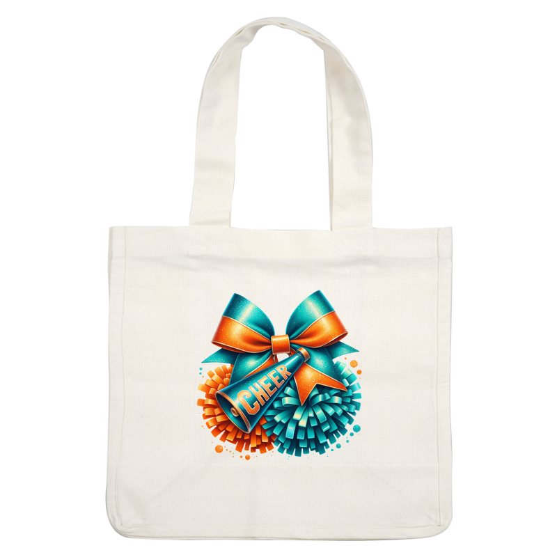 A vibrant graphic featuring a cheer megaphone with "CHEER" text, surrounded by colorful pom-poms and a sparkling bow.DTF Transfersdtf regular iron