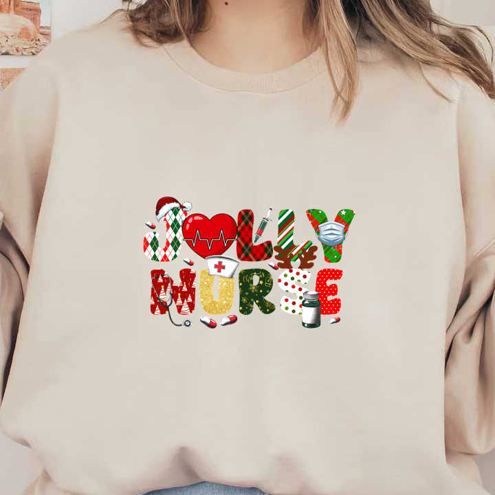 Festive "Jolly Nurse" design featuring vibrant letters adorned with Christmas-themed patterns, medical symbols, and cheerful holiday elements.DTF Transfers