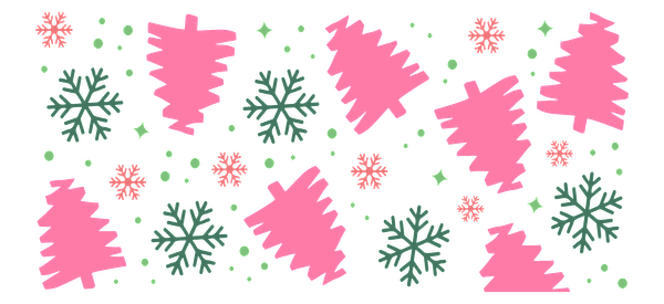 A festive pattern featuring pink Christmas trees, green snowflakes, and cheerful snowballs, perfect for holiday decorations.UV Transfersdtf regular iron