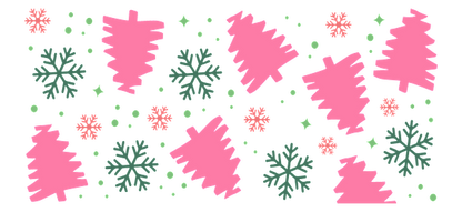 A festive pattern featuring pink Christmas trees, green snowflakes, and cheerful snowballs, perfect for holiday decorations.UV Transfersdtf regular iron