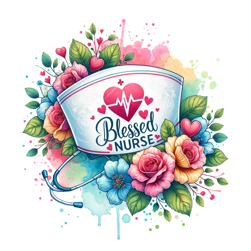 A vibrant design featuring a decorated nurse's cap surrounded by colorful flowers, celebrating the theme "Blessed Nurse."DTF Transfers