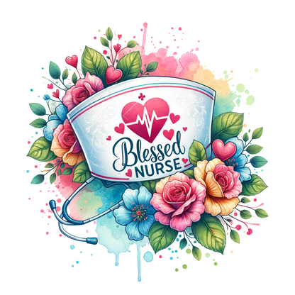 A vibrant design featuring a decorated nurse's cap surrounded by colorful flowers, celebrating the theme "Blessed Nurse."DTF Transfers