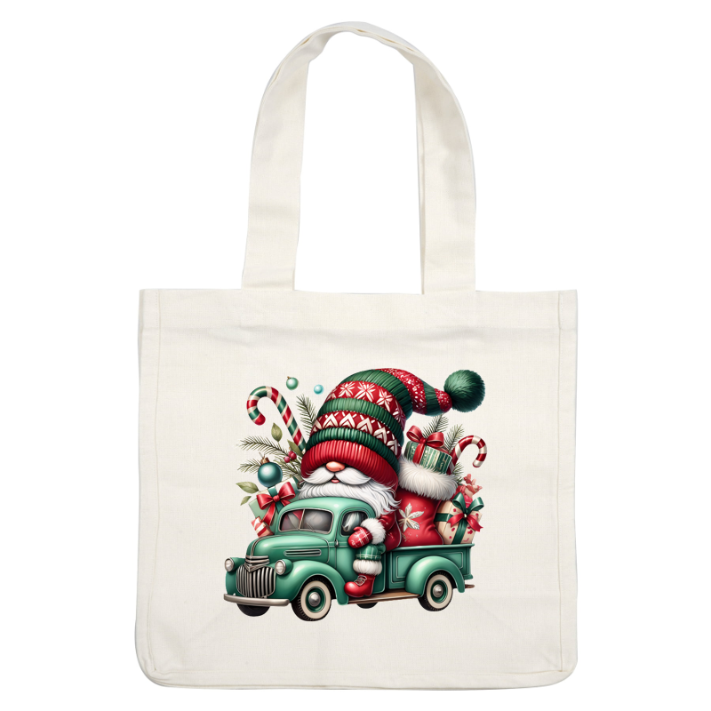 A cheerful Santa in a festive green truck, surrounded by gifts, candy canes, and holiday decorations.DTF Transfers heat press transfers