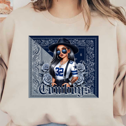 Una elegante ilustración de una mujer con una camiseta de los Cowboys, una gorra y gafas de sol sobre un fondo con estampado floral.