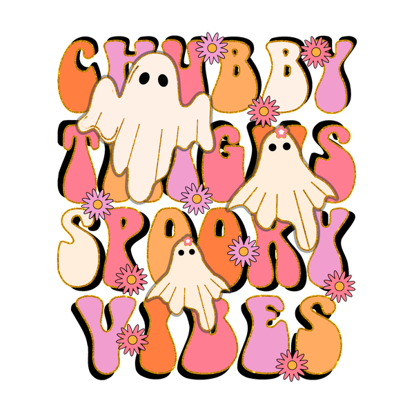 Cute retro design featuring chubby ghosts and playful text that says "Chubby Things, Spoony Vibes," perfect for Halloween! heat press transfers