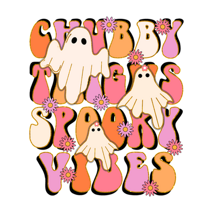 Cute retro design featuring chubby ghosts and playful text that says "Chubby Things, Spoony Vibes," perfect for Halloween! heat press transfers