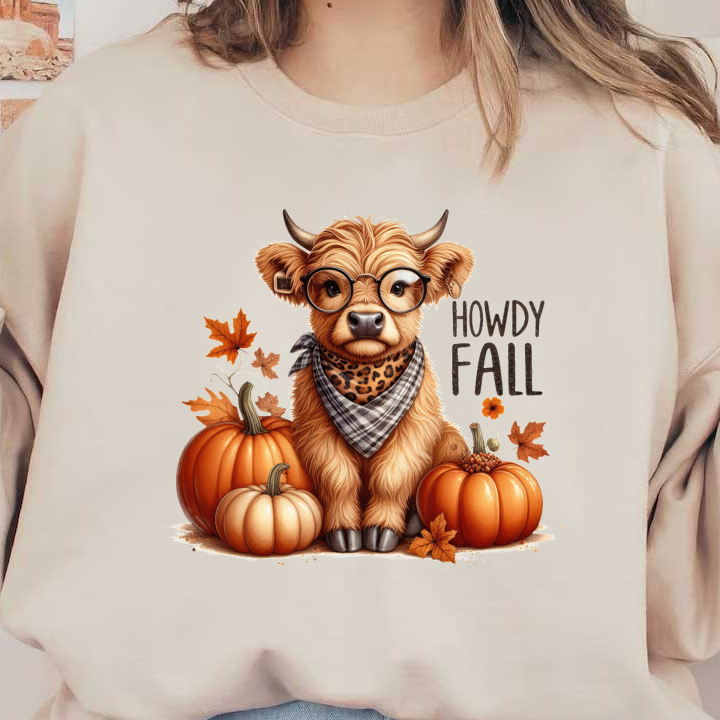 A charming anthropomorphic cow sporting glasses and a stylish scarf, surrounded by vibrant pumpkins and autumn leaves.dtf regular iron