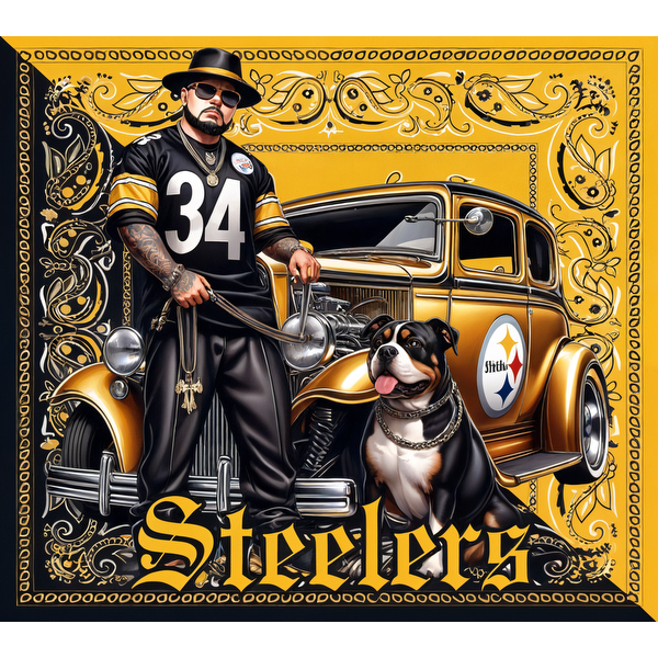 Una elegante ilustración que muestra a un hombre con una camiseta de los Steelers junto a un perro sonriente frente a un automóvil antiguo.