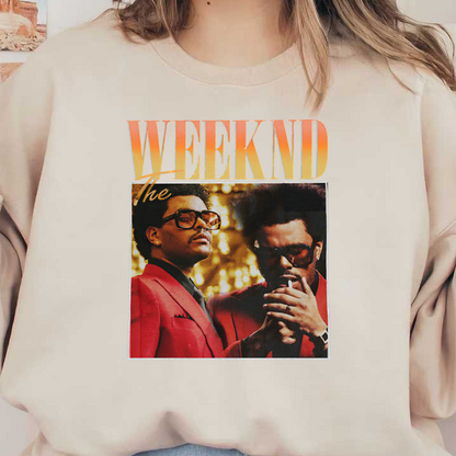 A vibrant graphic featuring The Weeknd in stylish red attire, showcasing his iconic look with sunglasses and a confident pose.DTF Transfers heat press transfers