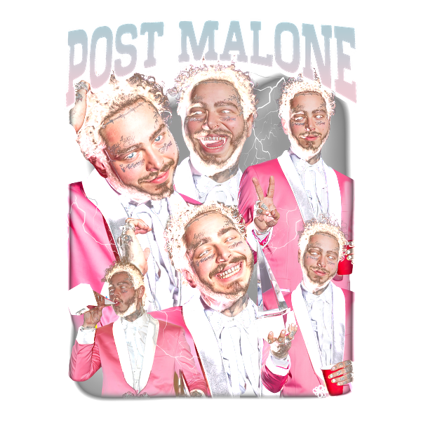 Colorful collage of Post Malone, featuring him in a pink suit, smiling and celebrating in various playful poses.DTF Transfers heat press transfers