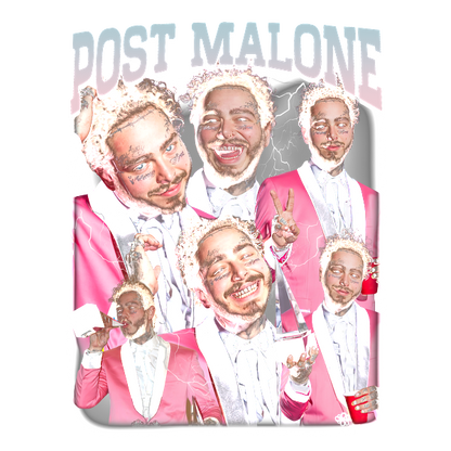 Colorful collage of Post Malone, featuring him in a pink suit, smiling and celebrating in various playful poses.DTF Transfers heat press transfers