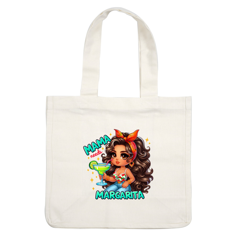 A cheerful, cartoon-style woman with big curls and a red bandana holds a margarita, featuring the text "Mama needs Margarita." heat press transfers