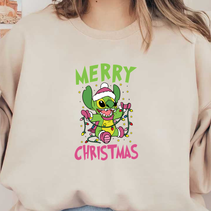 Celebrate the holidays with this vibrant "Merry Christmas" design featuring a playful character tangled in colorful lights!DTF Transfersdtf regular iron heat press transfers