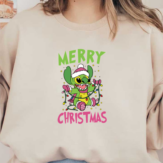 Celebrate the holidays with this vibrant "Merry Christmas" design featuring a playful character tangled in colorful lights!DTF Transfersdtf regular iron heat press transfers