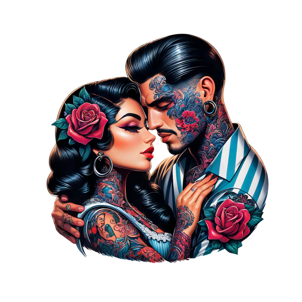 A beautifully detailed illustration of a tattooed couple, embracing with vibrant roses in their hair and on their clothing.DTF Transfers dtf prints