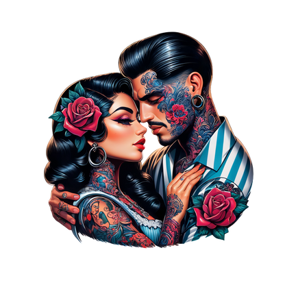 A beautifully detailed illustration of a tattooed couple, embracing with vibrant roses in their hair and on their clothing.DTF Transfers dtf prints