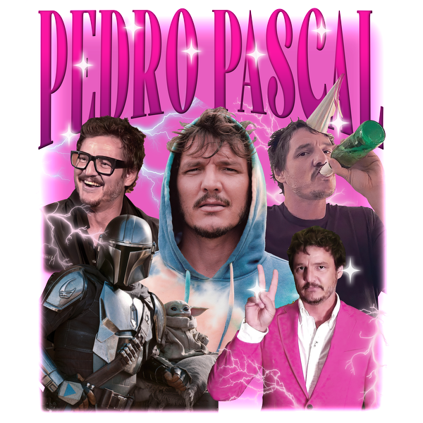 A vibrant collage featuring Pedro Pascal in various styles, showcasing his playful personality alongside iconic characters from his roles.DTF Transfersdtf regular iron