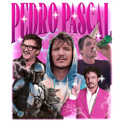 A vibrant collage featuring Pedro Pascal in various styles, showcasing his playful personality alongside iconic characters from his roles.DTF Transfersdtf regular iron