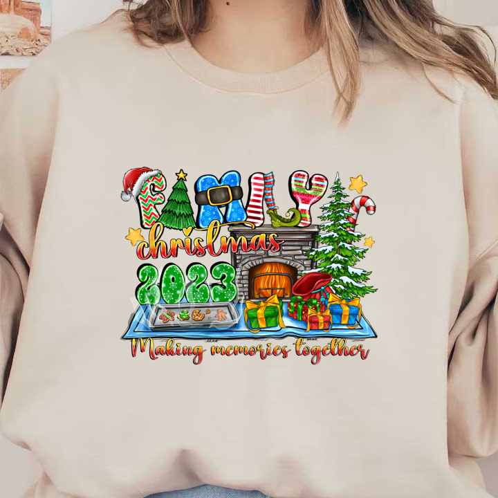 Festive and colorful Christmas 2023 design featuring a cozy fireplace, decorated tree, cookies, and gifts, celebrating family moments together.DTF Transfers dtf transfersdtf regular iron