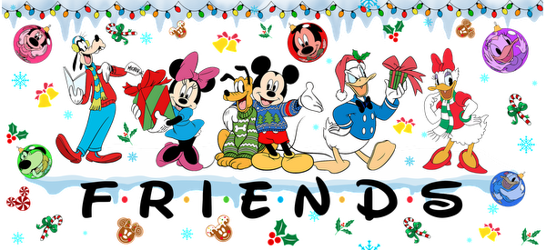 A festive gathering of beloved Disney characters, including Mickey, Minnie, Donald, and others, celebrating the holiday season with cheerful gifts and decorations.UV Transfers dtf transfers