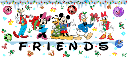 A festive gathering of beloved Disney characters, including Mickey, Minnie, Donald, and others, celebrating the holiday season with cheerful gifts and decorations.UV Transfers dtf transfers