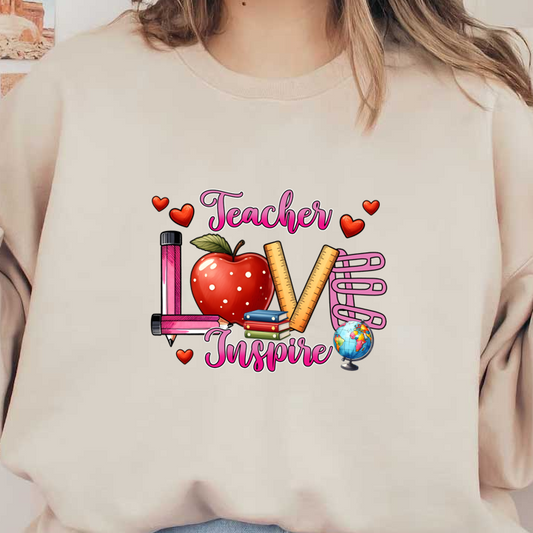 A vibrant and playful design featuring educational symbols like an apple, books, and pencils with the words "Teacher Love Inspire."DTF Transfers