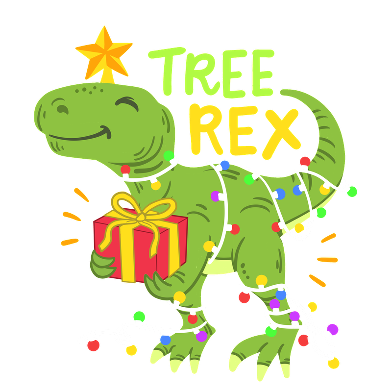 Meet Tree Rex, a fun dinosaur character wrapped in colorful Christmas lights, holding a gift with a star on its head!DTF Transfers dtf transfers dtf prints