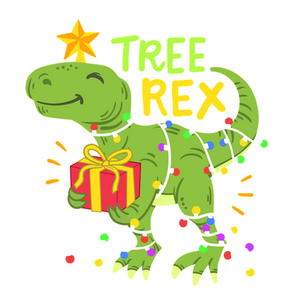 Meet Tree Rex, a fun dinosaur character wrapped in colorful Christmas lights, holding a gift with a star on its head!DTF Transfers dtf transfers dtf prints