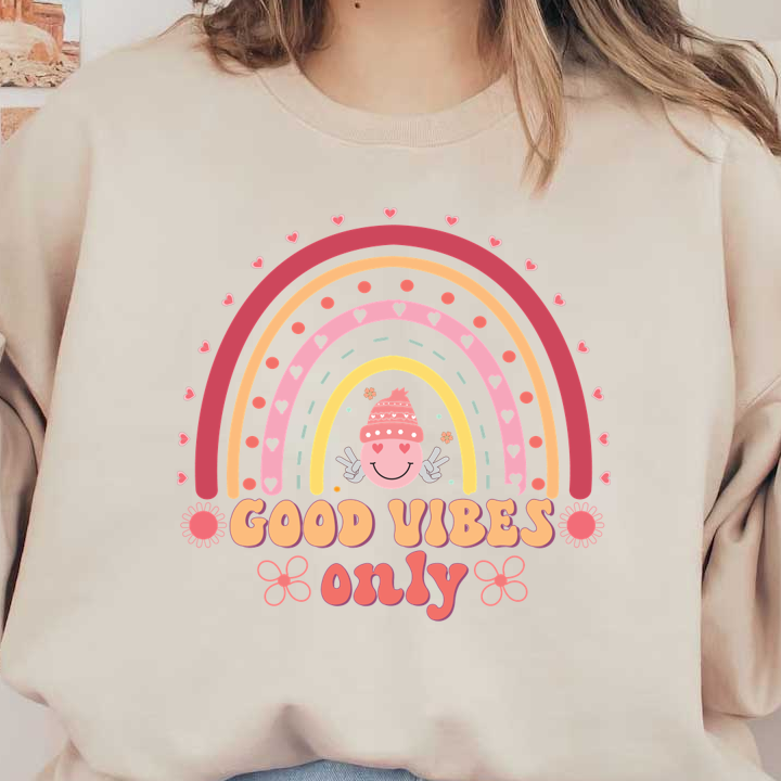 Un gráfico alegre que presenta un arcoíris colorido, un personaje sonriente y la frase inspiradora "Good Vibes Only" (Solo buenas vibraciones).