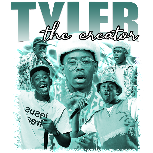 A vibrant collage of Tyler, the Creator showcasing different styles, expressions, and energetic performances in shades of teal and white.DTF Transfers dtf transfers