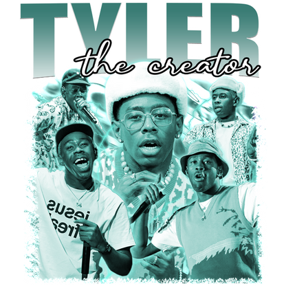 A vibrant collage of Tyler, the Creator showcasing different styles, expressions, and energetic performances in shades of teal and white.DTF Transfers dtf transfers