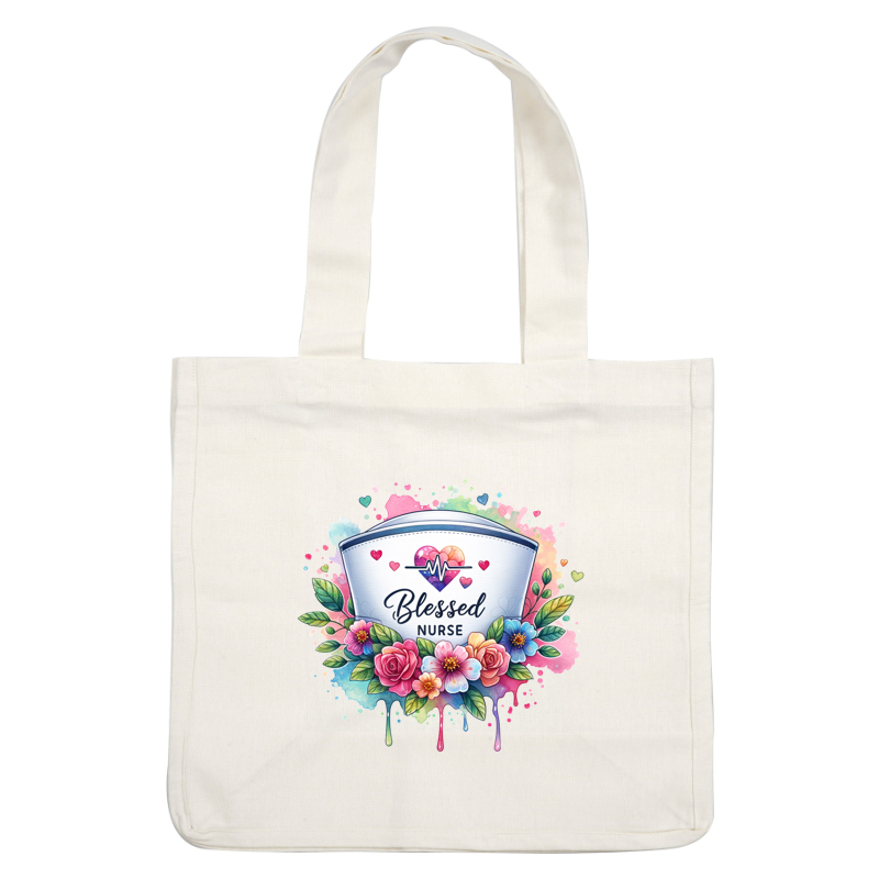 A vibrant design celebrating nurses, featuring the words "Blessed Nurse" surrounded by colorful flowers and a heart monitor graphic.DTF Transfers