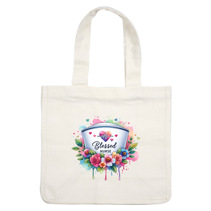 A vibrant design celebrating nurses, featuring the words "Blessed Nurse" surrounded by colorful flowers and a heart monitor graphic.DTF Transfers