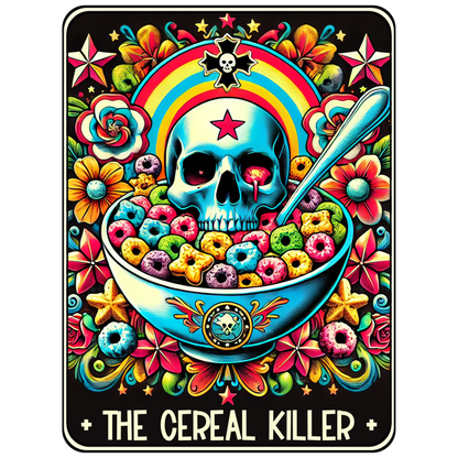 Una ilustración vibrante y peculiar que presenta una calavera en un tazón de cereal colorido, rodeada de flores y un fondo de arcoíris.