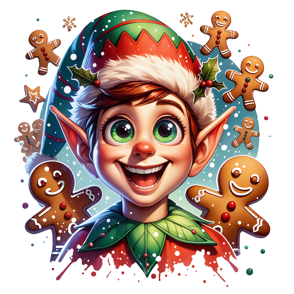 A cheerful young elf, adorned in festive attire and surrounded by playful gingerbread cookies, radiates holiday joy and excitement.DTF Transfers dtf transfers