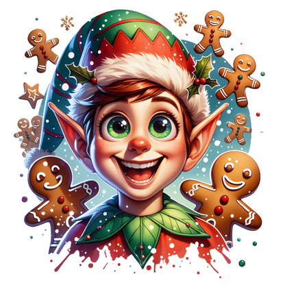 A cheerful young elf, adorned in festive attire and surrounded by playful gingerbread cookies, radiates holiday joy and excitement.DTF Transfers dtf transfers