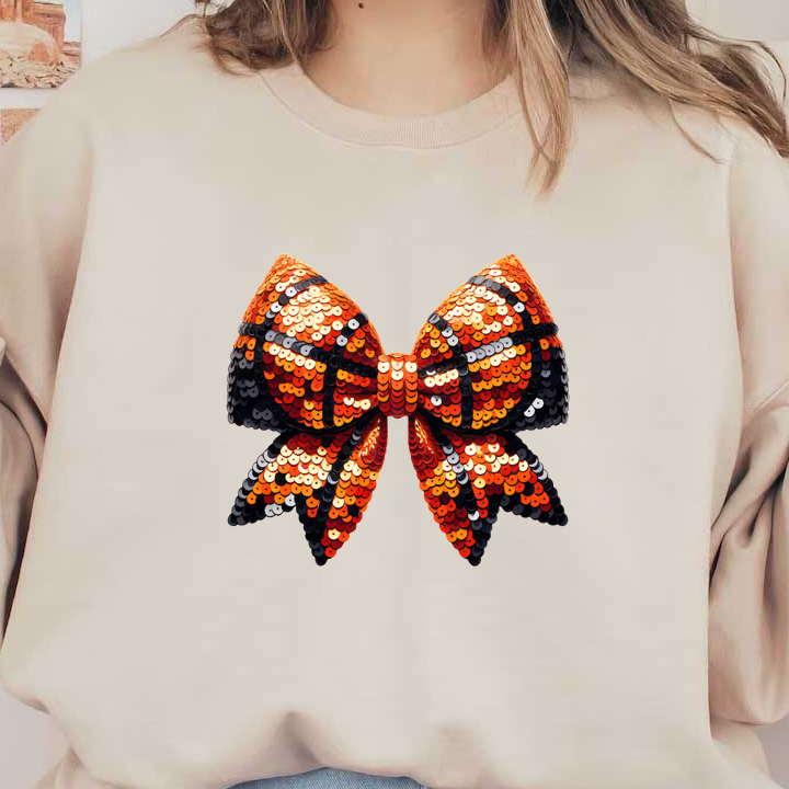 Sparkle in style with this vibrant sequined bow, featuring orange, black, and white colors perfect for any festive occasion!DTF Transfers