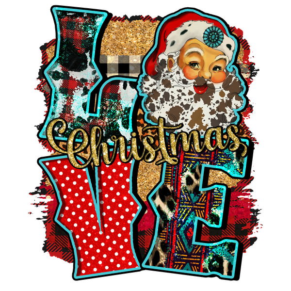 Festive design featuring a cheerful Santa and colorful letters spelling "Love Christmas" with playful patterns and textures. heat press transfers