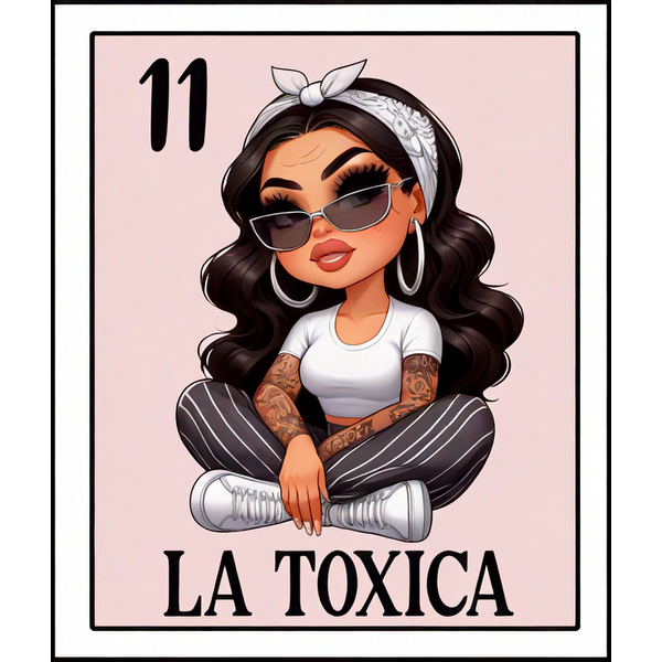 This vibrant illustration features a stylish character, "La Toxica," with long curly hair, sunglasses, and tattoos, sitting casually.