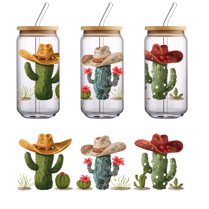 Three playful cacti adorned with colorful sombreros, surrounded by vibrant flowers, showcasing a festive and cheerful western vibe.UV Transfers