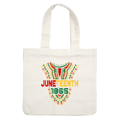 Celebrate Juneteenth with this vibrant graphic featuring traditional colors and patterns, highlighting "Juneteenth 1865" in bold letters.dtf regular iron