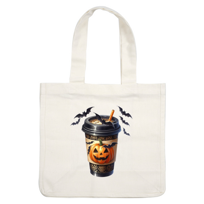 Una divertida taza de café con temática de Halloween que presenta un diseño de calabaza tallada y está rodeada de lindos murciélagos voladores.