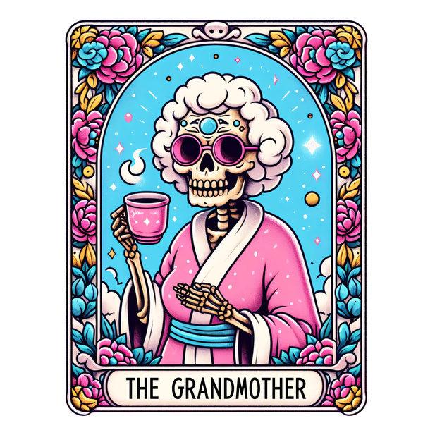 Una ilustración colorida y caprichosa de una abuela con forma de calavera vestida con una túnica rosa, gafas de sol elegantes y sosteniendo una taza, rodeada de diseños florales.