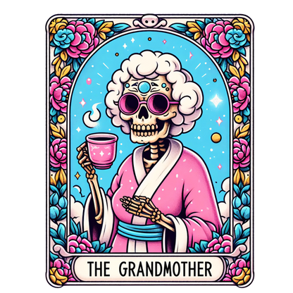 Una ilustración colorida y caprichosa de una abuela con forma de calavera vestida con una túnica rosa, gafas de sol elegantes y sosteniendo una taza, rodeada de diseños florales.