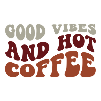 Un diseño de texto vibrante y divertido que presenta la frase “Buenas vibraciones y café caliente” en colores cálidos y atrevidos.