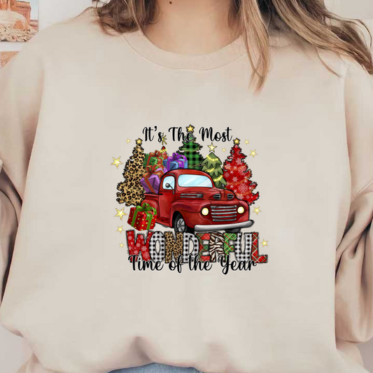 A cheerful red vintage truck adorned with colorful gifts, surrounded by festive elements, captures the spirit of the holiday season.DTF Transfers dtf transfersdtf regular iron