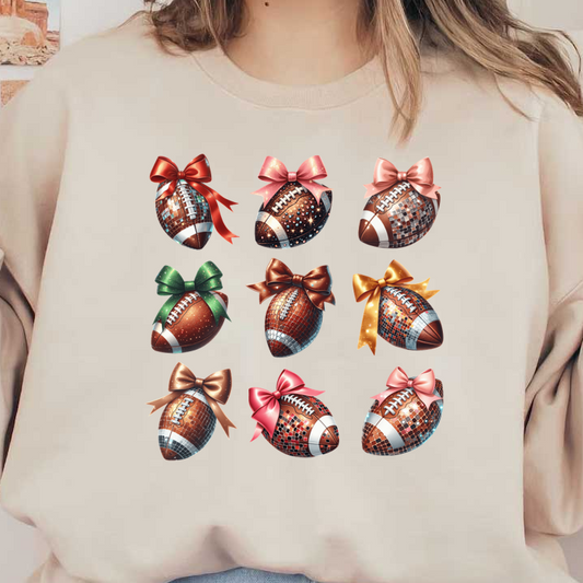 Una colección vibrante de balones de fútbol decorativos con lazos coloridos y diseños brillantes, perfectos para celebraciones o eventos deportivos.