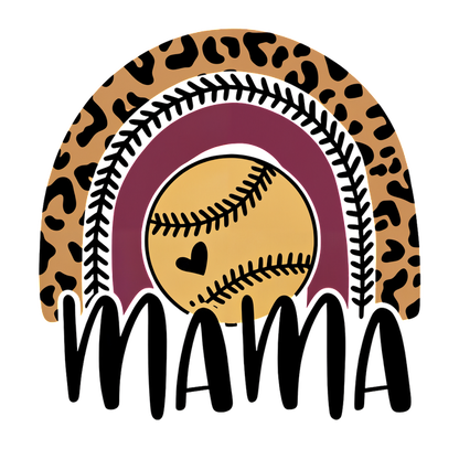 Una ilustración colorida y divertida de un arcoíris con estampado de leopardo y una pelota de béisbol en el centro, rematada con la inscripción "Mamá". Transferencias DTF