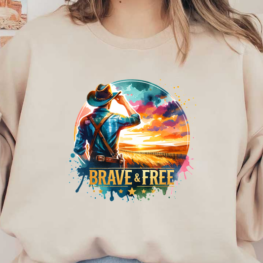 Una ilustración vibrante de un vaquero contemplando una puesta de sol con las palabras "Valiente y libre" destacadas.